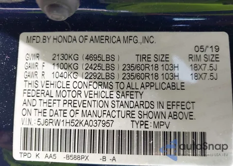 2019 Honda Cr-V Ex z USA, uszkodzony, nr VIN 5J6RW1H52KA037957